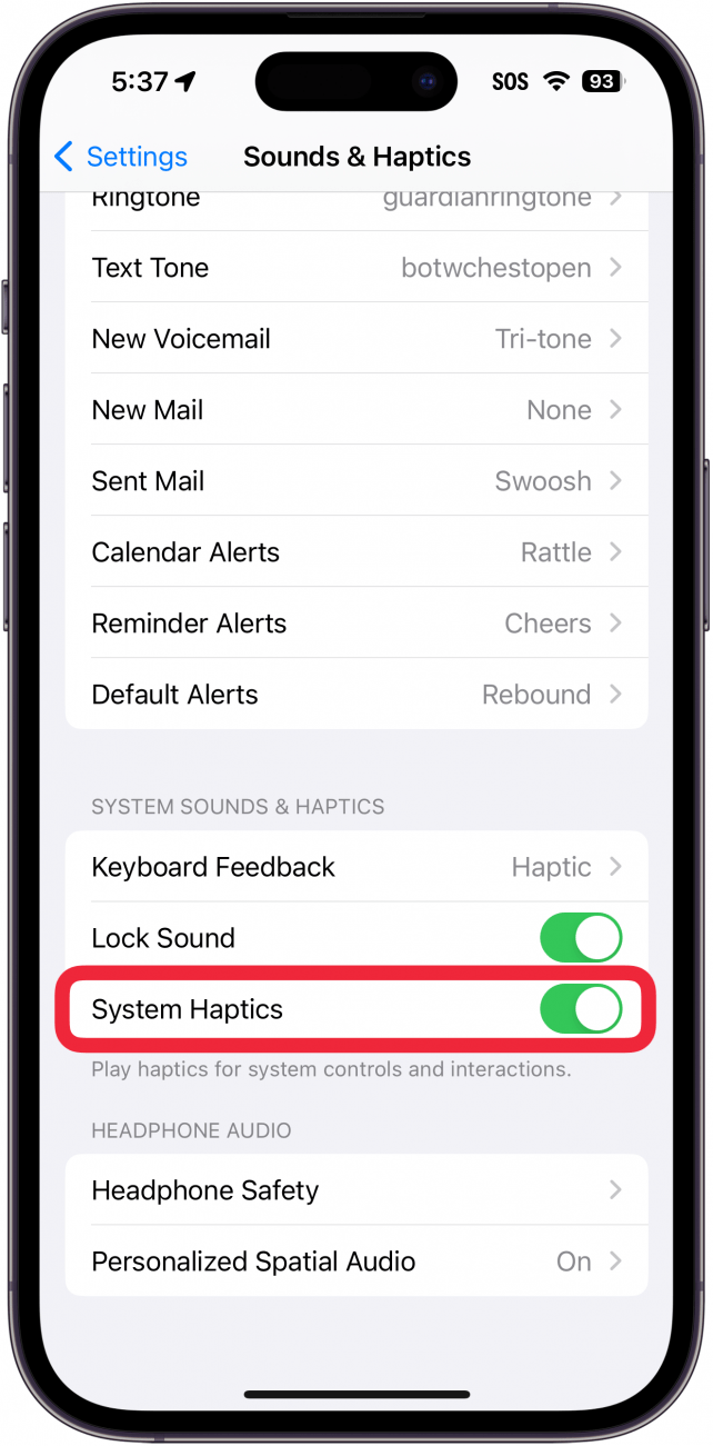 iphone sounds & haptics settings with a red box around system haptics toggle