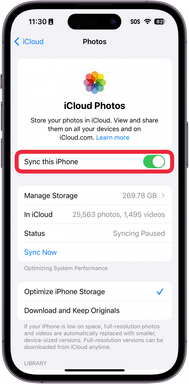 iphone icloud photos settings with a red box around sync with this iphone button