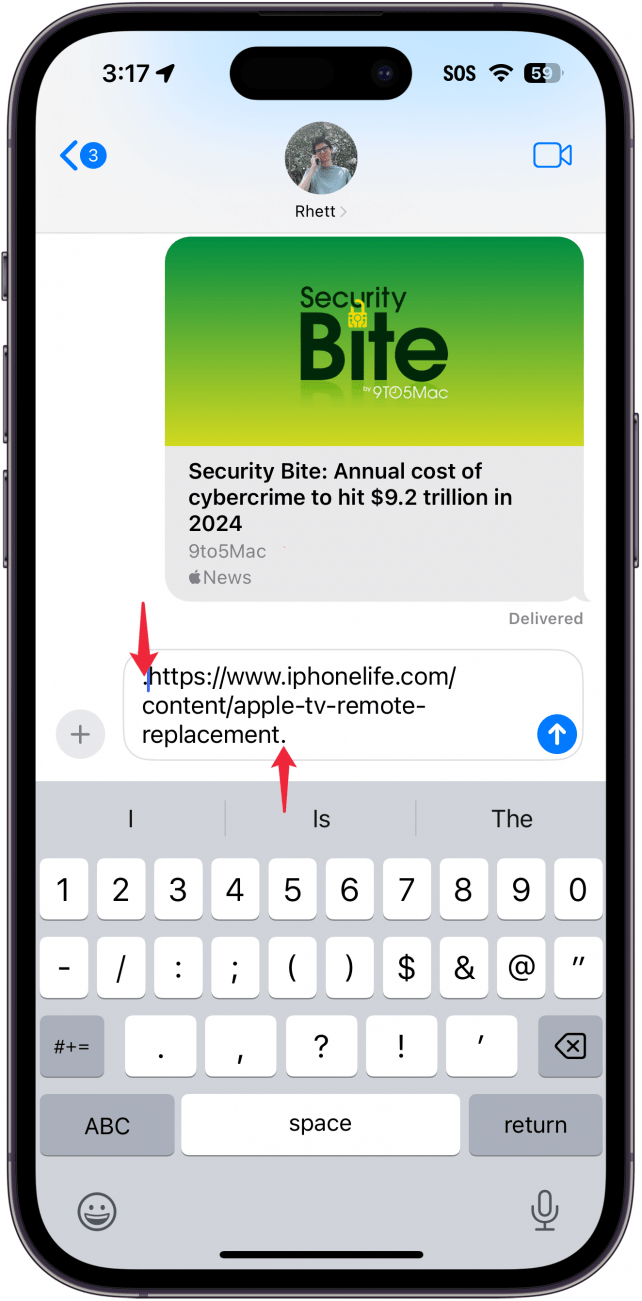 iphone messages app conversation with a url pasted into the text entry field, with red arrows pointing at periods at the beginning and the end of the url, indicating for the user to add a period to the start of the url and a period at the end of the url