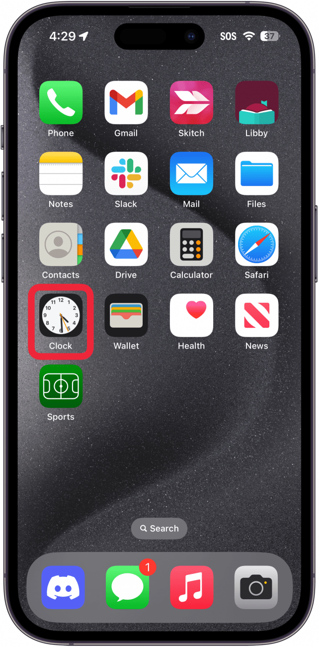 iphone home screen with a red box around clock app