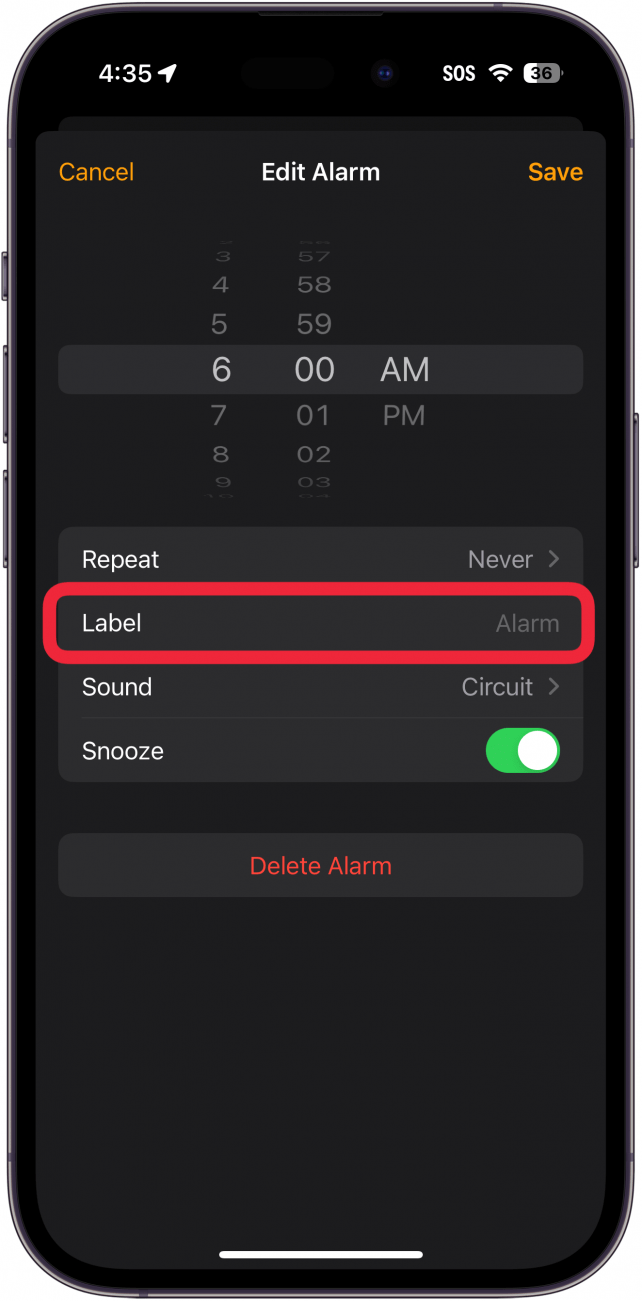 iphone clock app alarm editing screen with a red box around label field