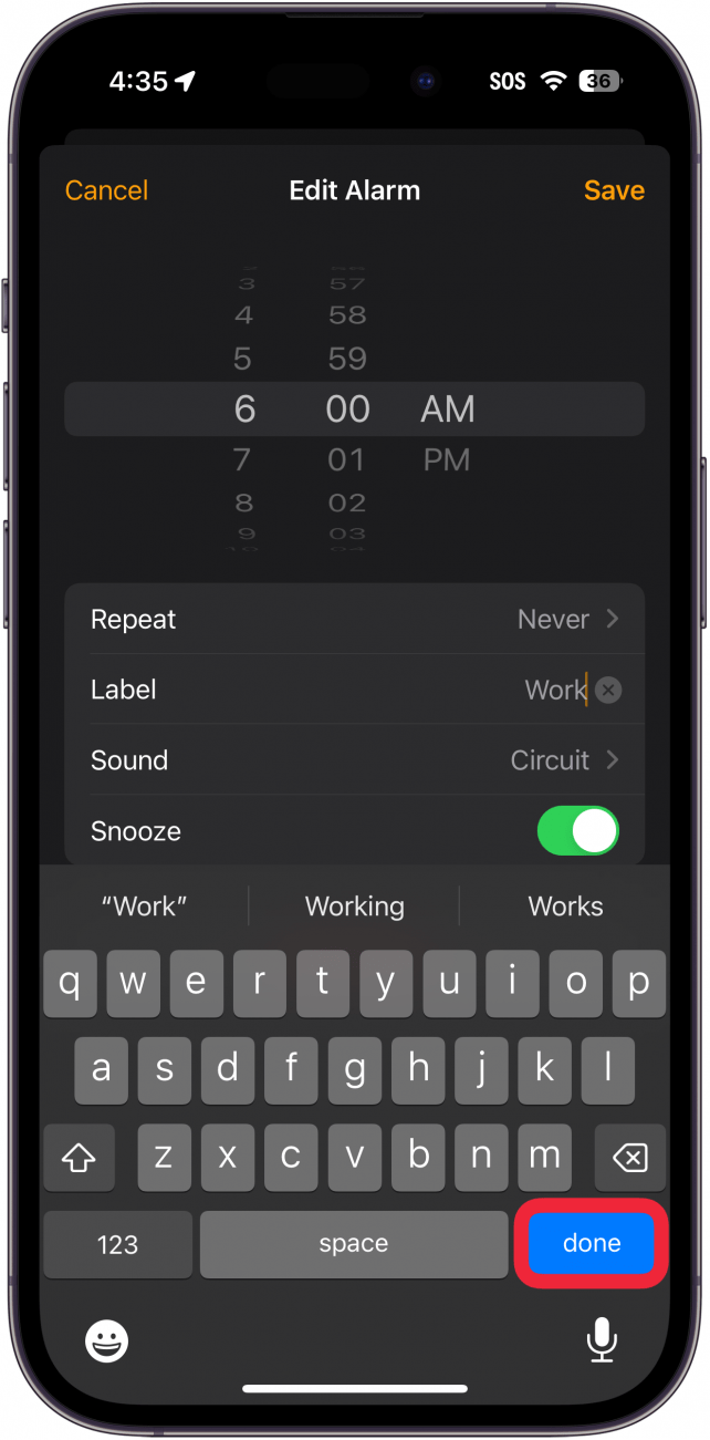 iphone clock app alarm editing screen displaying a keyboard with a red box around done button