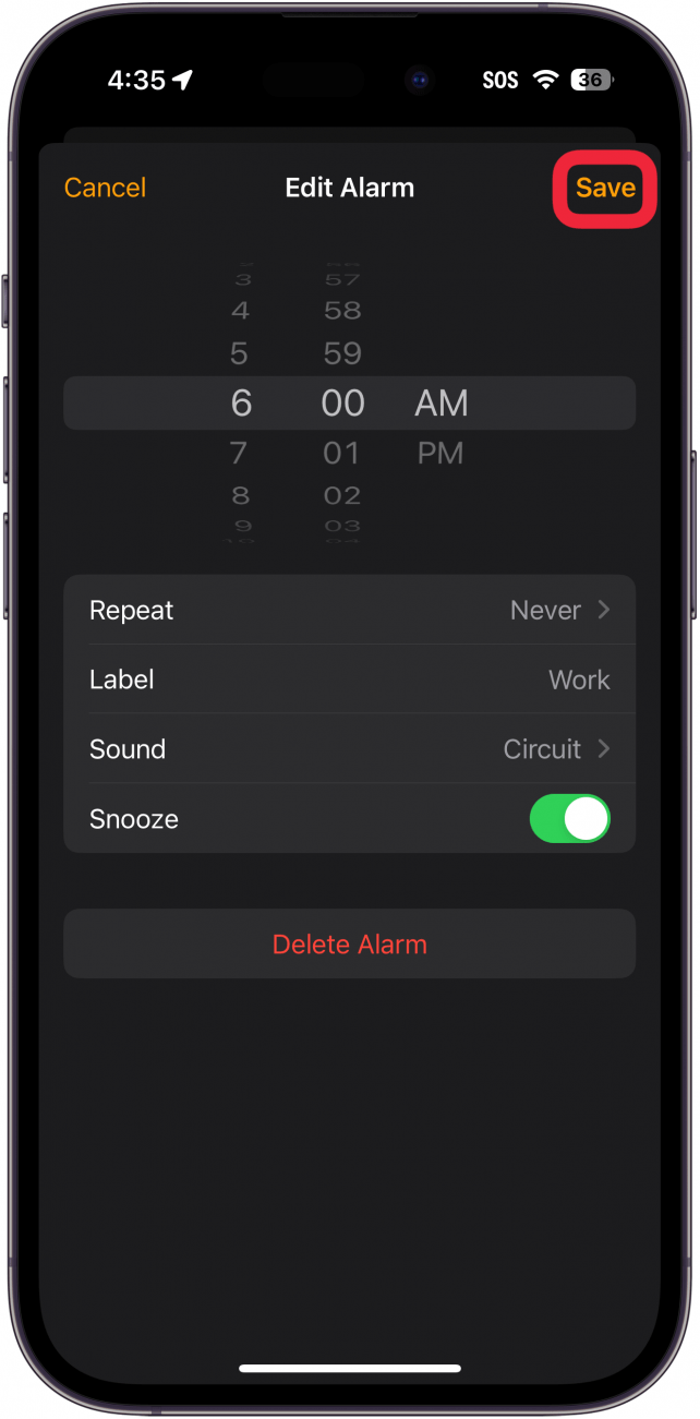 iphone clock app alarm editing screen with a red box around save button