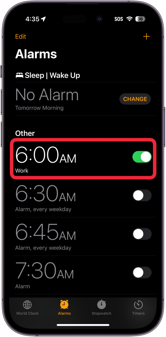 iphone clock app with a red box around an alarm labeled work