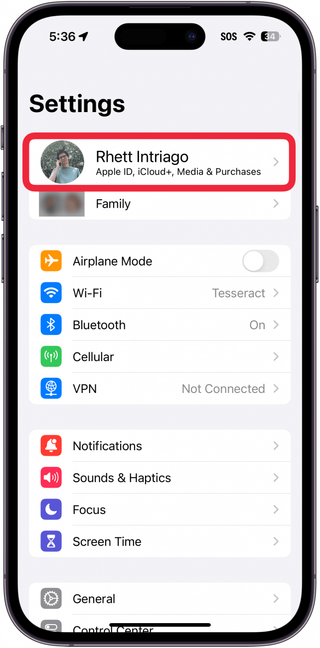 iphone settings app with a red box around apple id