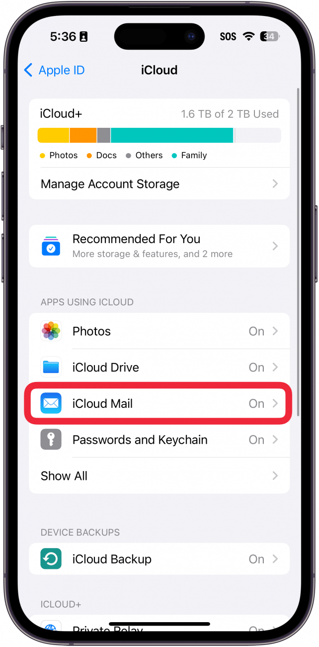 iphone icloud settings with a red box around icloud mail