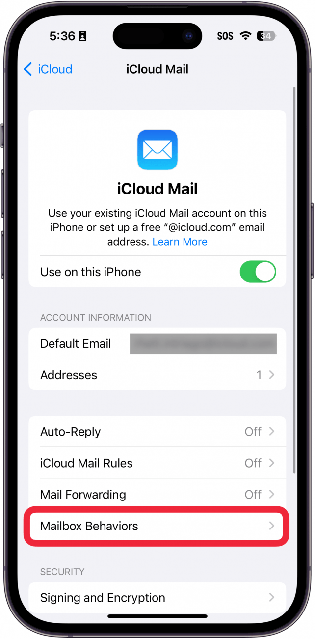 iphone icloud email settings with a red box around mailbox behaviors button