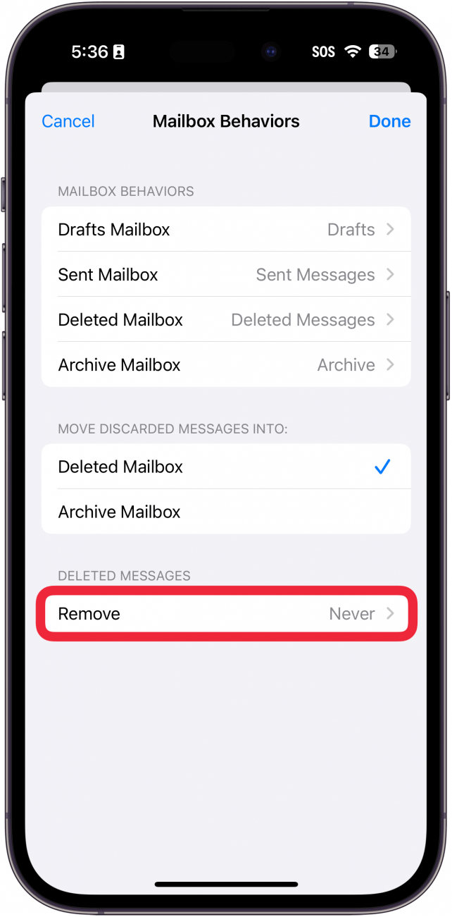 iphone icloud email mailbox behavior settings with a red box around remove button