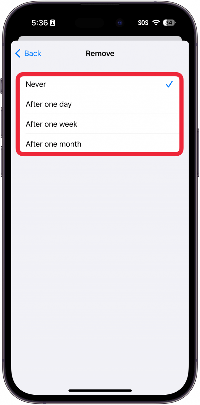 iphone email removal settings with a red box around time options for never, after one day, after one week, and after one month