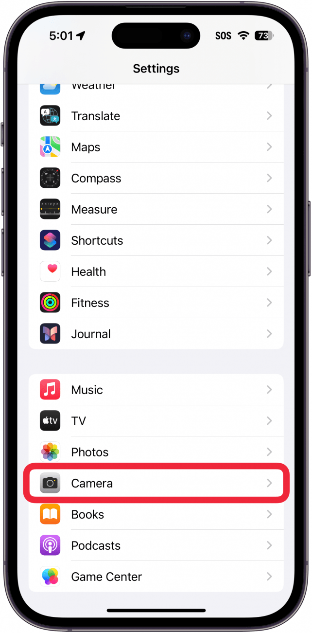 iphone settings app with a red box around camera