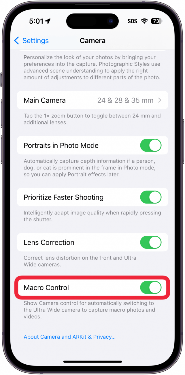 iphone camera settings with a red box around macro control toggle