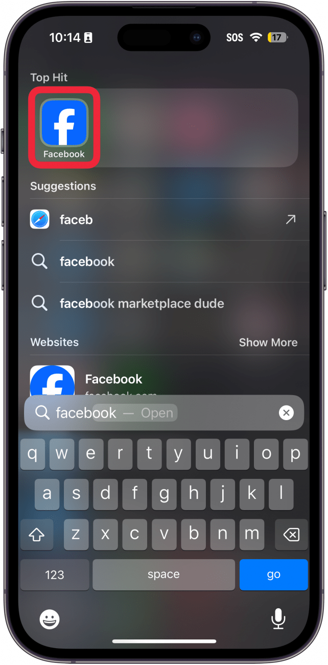 iPhone search with a red box around facebook app