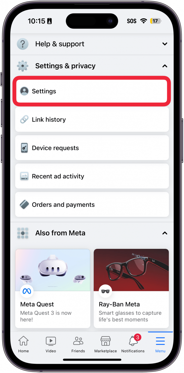 iphone facebook app with a red box around settings