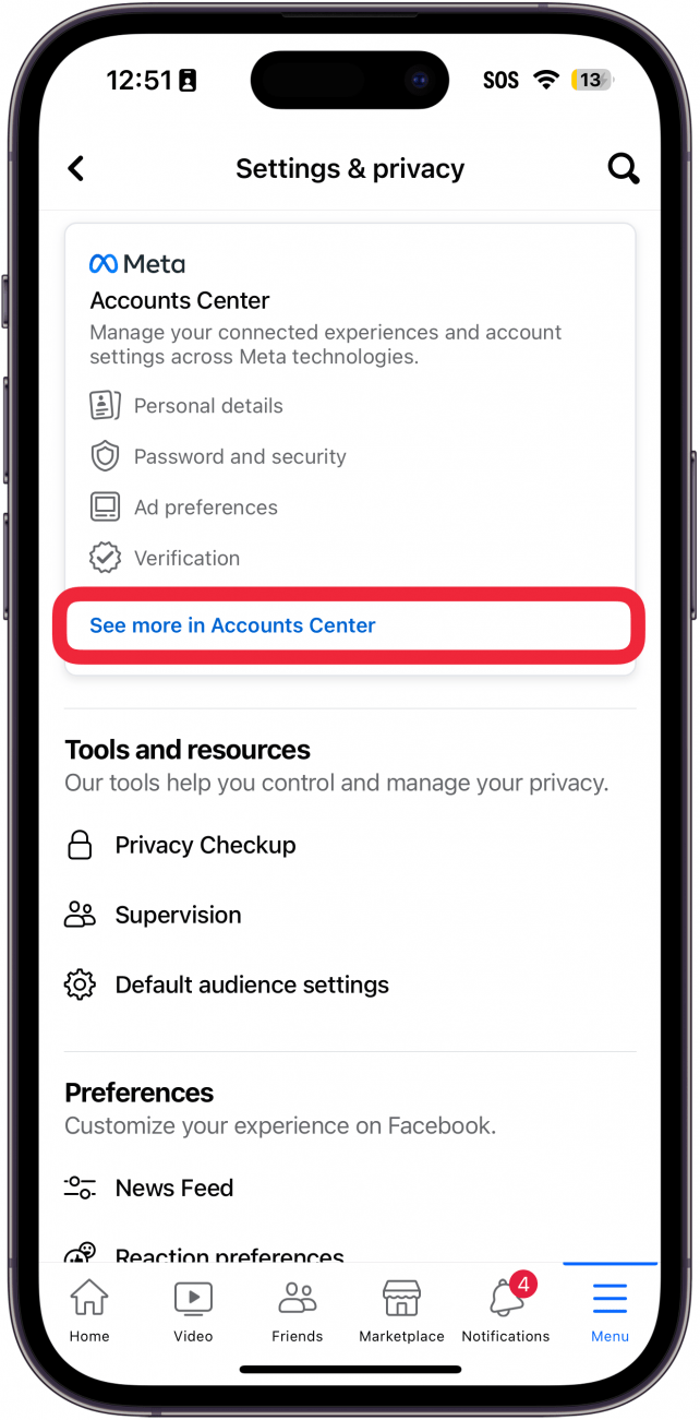 iphone facebook app with a red box around see more in account center button