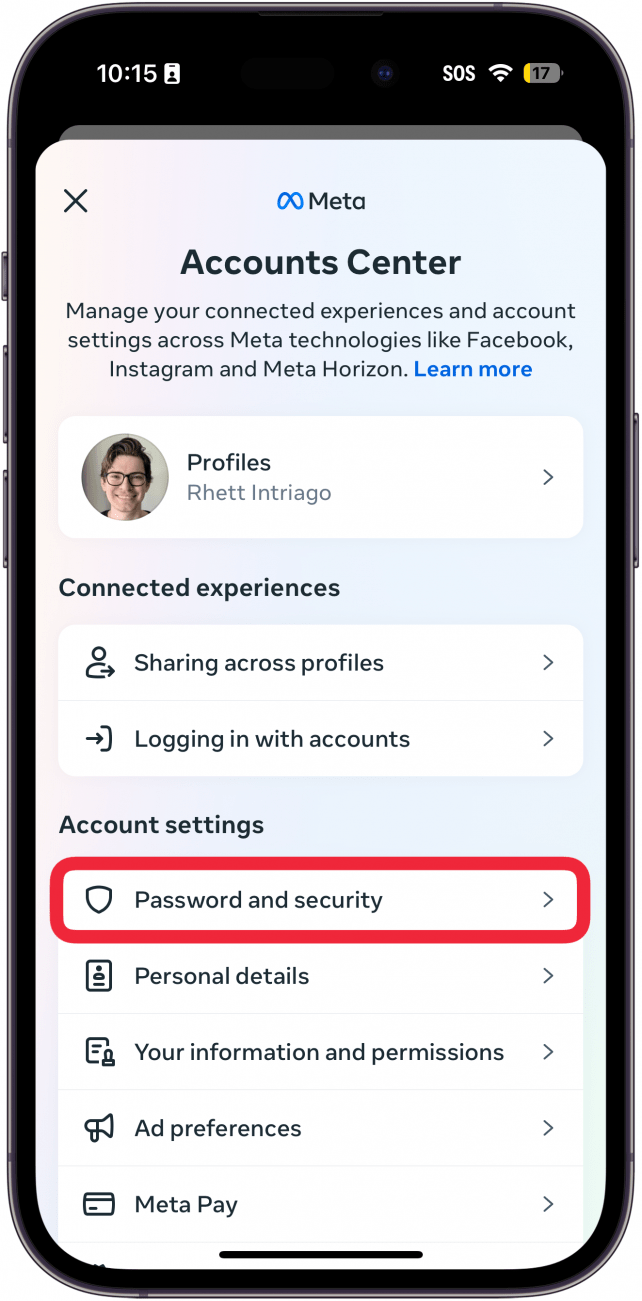 iphone facebook app with a red box around password and security