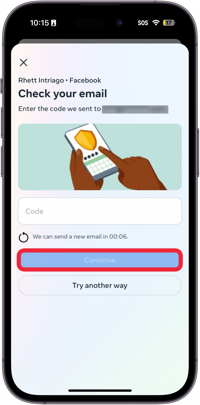iphone facebook app 2fa setup displaying a prompt to enter a code that was sent to the user's email, with a red box around next button
