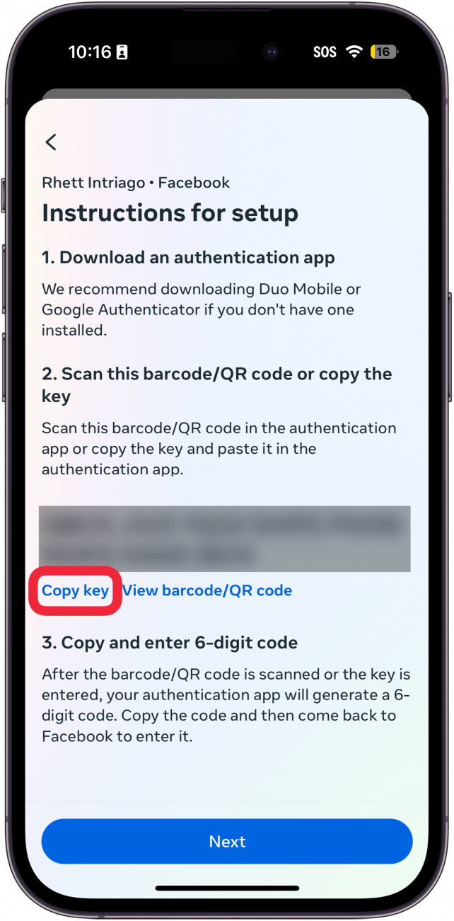 iphone facebook app 2fa setup with a red box around copy code button