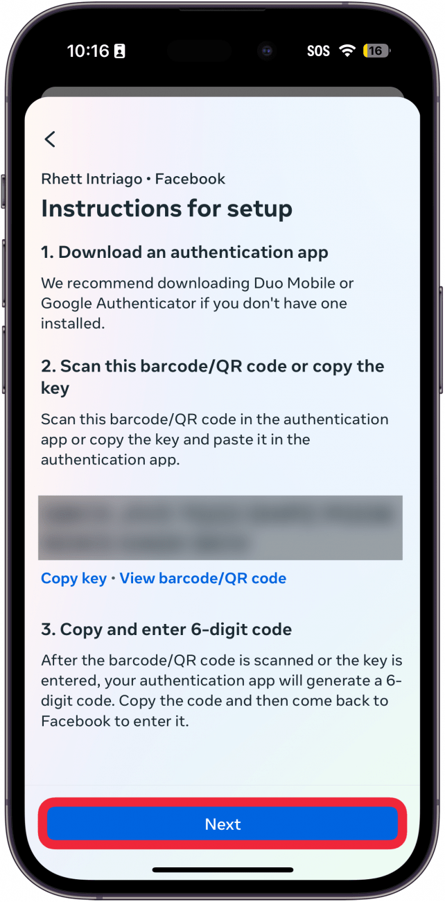 iphone facebook app 2fa setup with a red box around next button