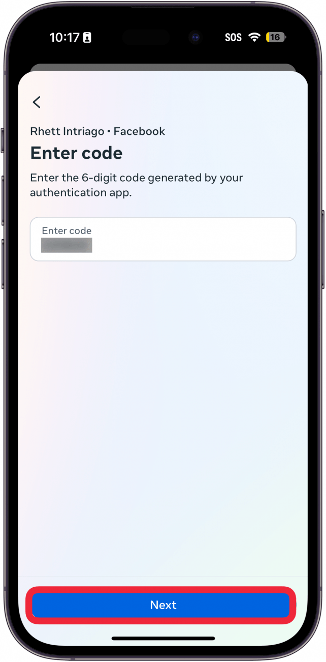 iphone facebook app 2fa setup displaying a prompt to enter a code from the authenticator app, with a red box around next button