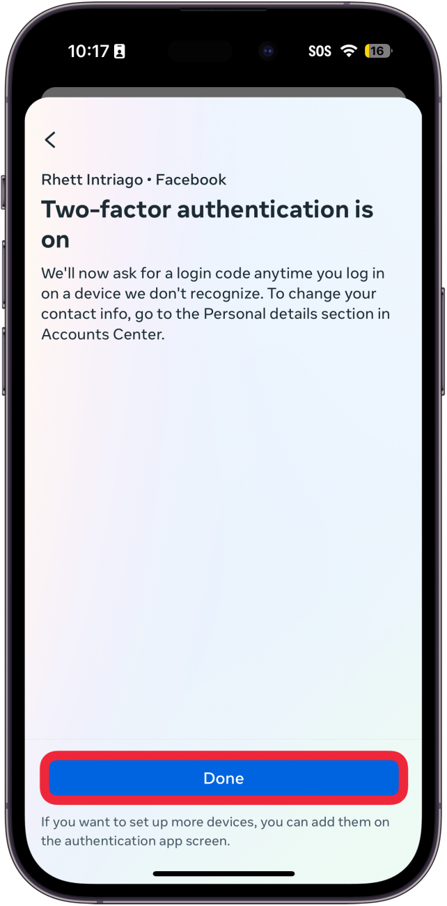 iphone facebook app 2fa setup with a red box around done button