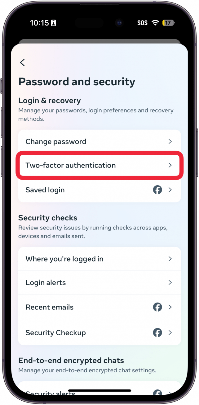 iphone facebook app password and security settings with a red box around two factor authentication