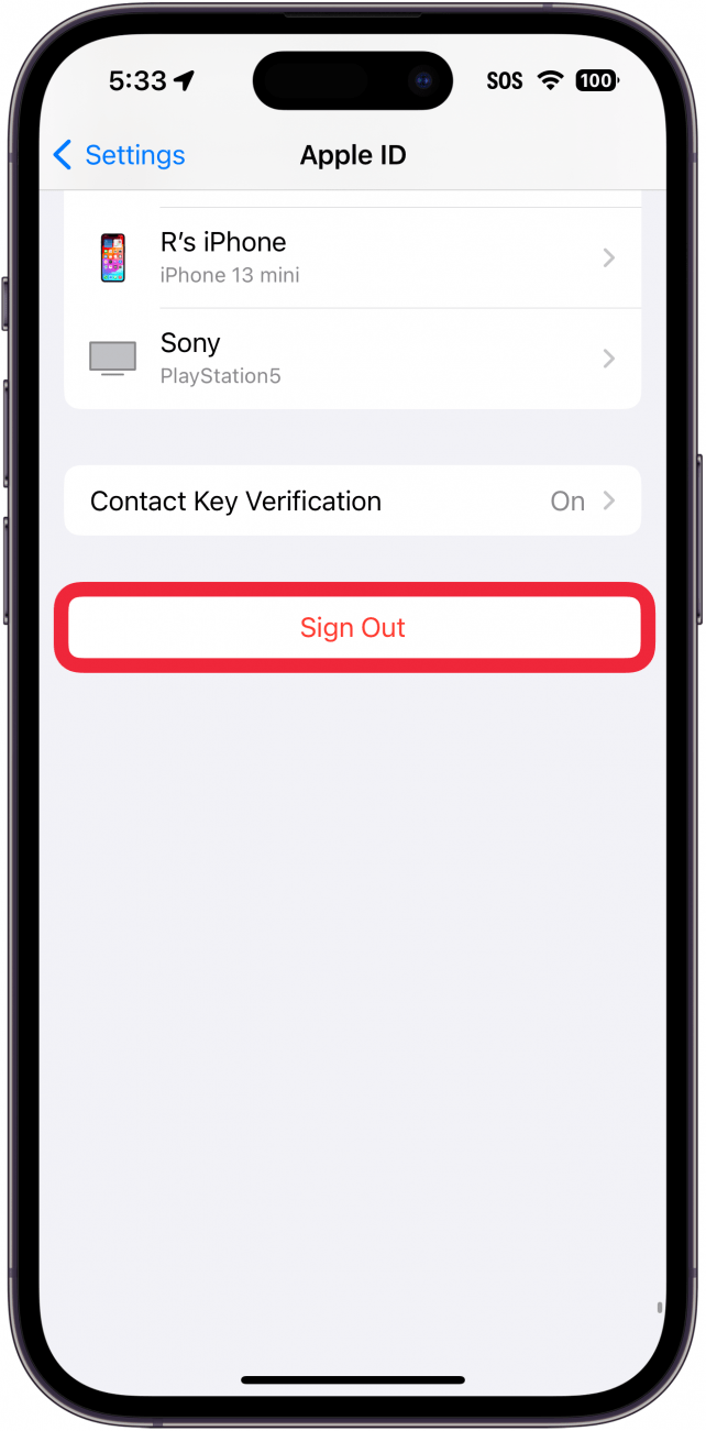 iphone apple id settings with a red box around sign out