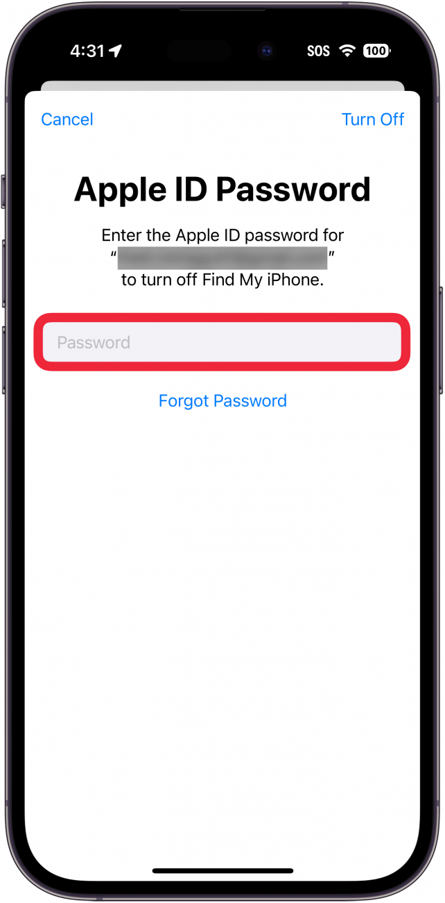 iphone apple id sign out process with a red box around apple id password entry field