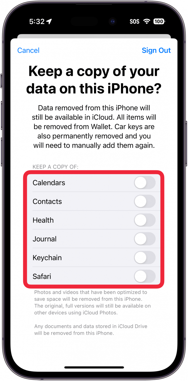 iphone apple id sign out process prompting the user to download a copy of their data, with a red box around the available toggles