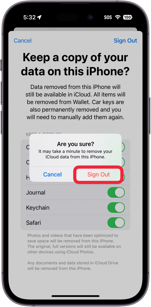 iphone apple id sign out process displaying a window asking the user if they are sure they want to sign out, with a red box around the sign out button