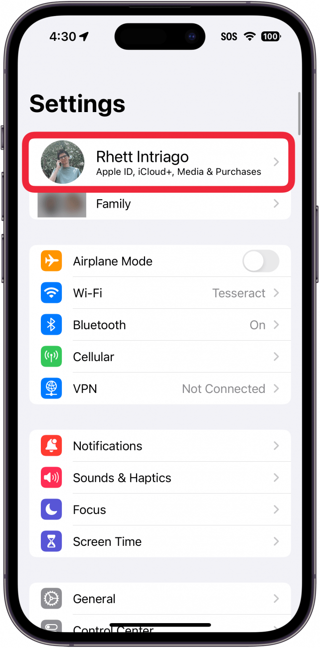 iphone setting with a red box around apple id