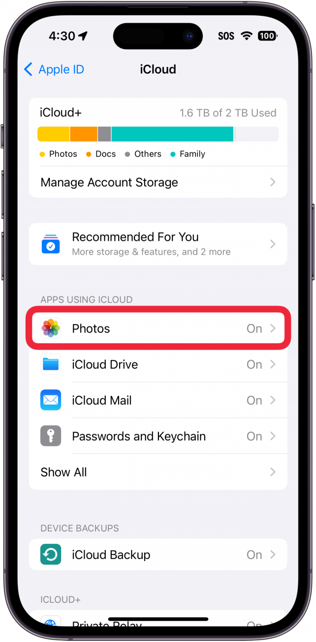 iphone icloud settings with a red box around photos