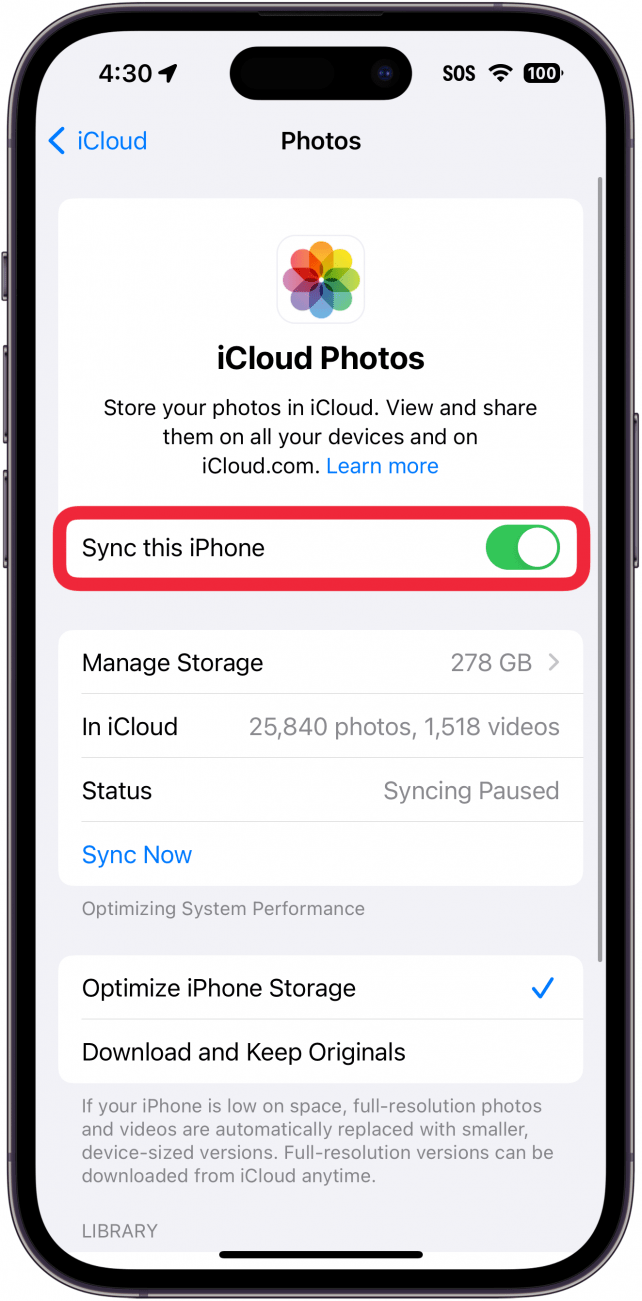 iphone icloud photos settings with a red box around the sync this iphone toggle