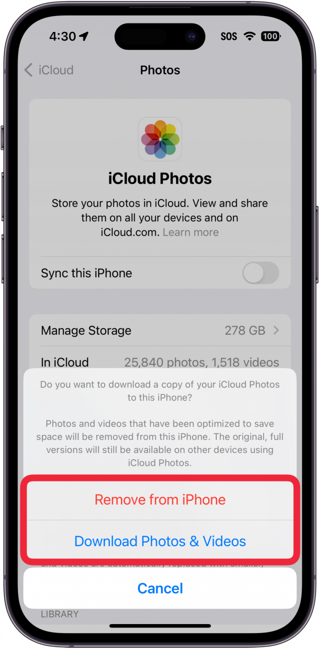 iphone icloud photos settings with a red box around a prompt, asking the user to download their photos or remove them from the iphone