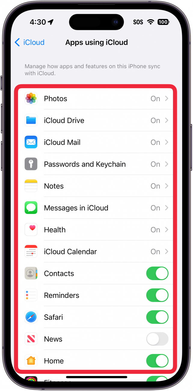 iphone icloud settings with a red box around the list of apps that currently syncing with this iphone