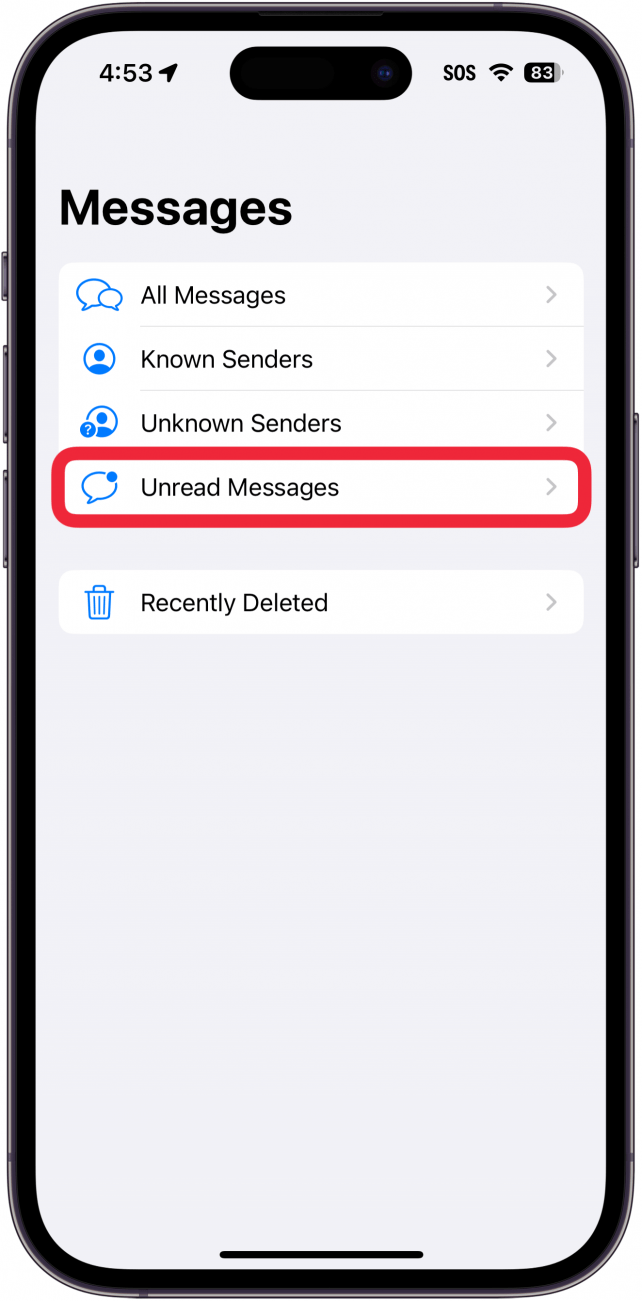 iphone messages app displaying a list of filters, with a red box around unread messages