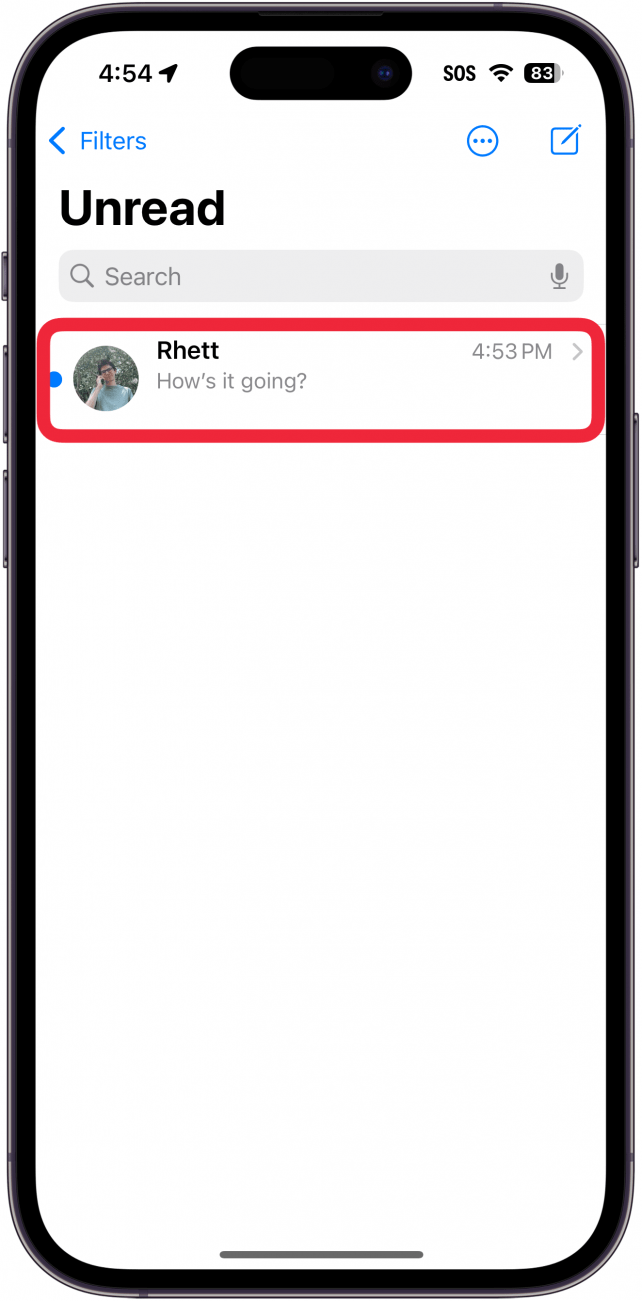 iphone messages app displaying unread messages filter with a red box around an unread message