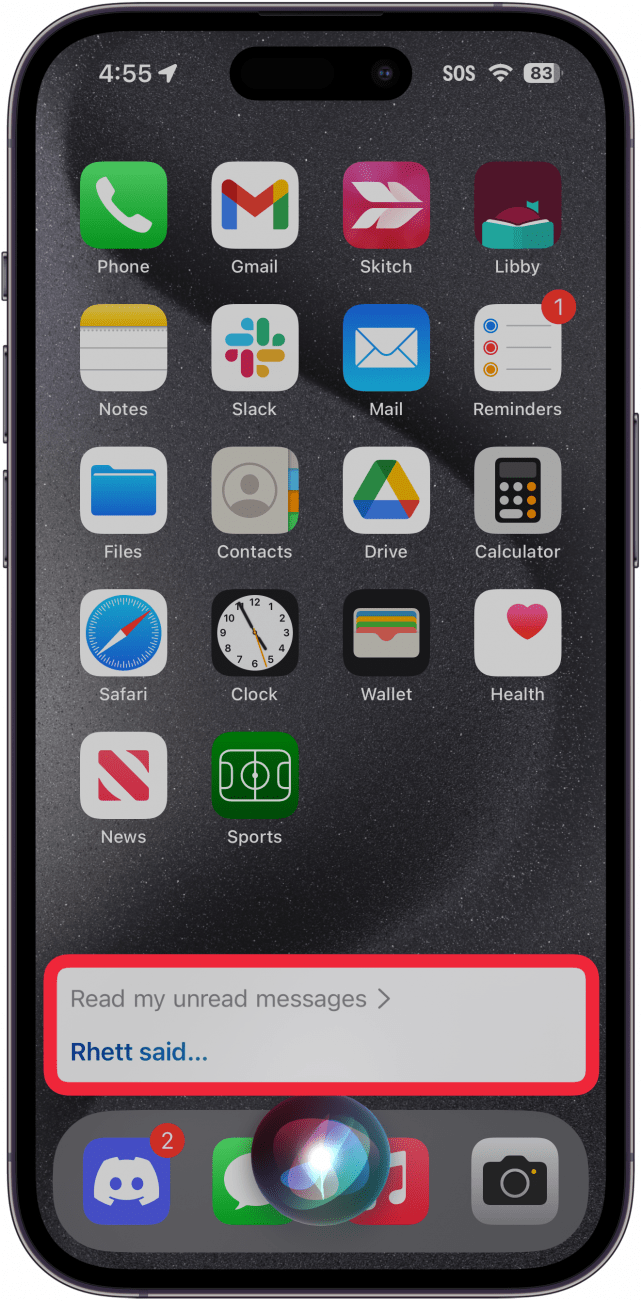 iphone home screen displaying a siri window with a red box around it; the user has asked siri to read their unread messages