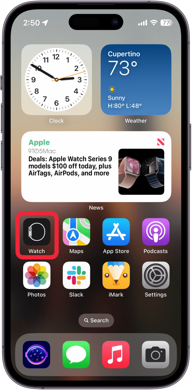 iphone home screen with a red box around apple watch app