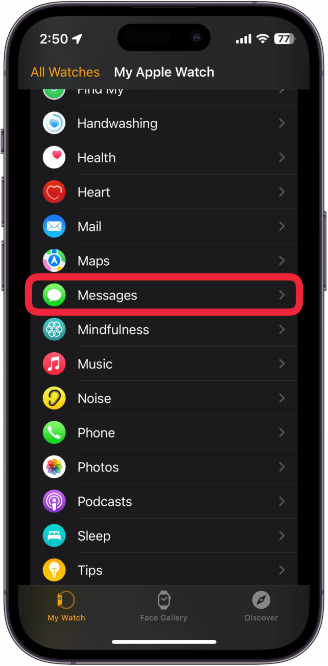 iphone watch app with a red box around messages