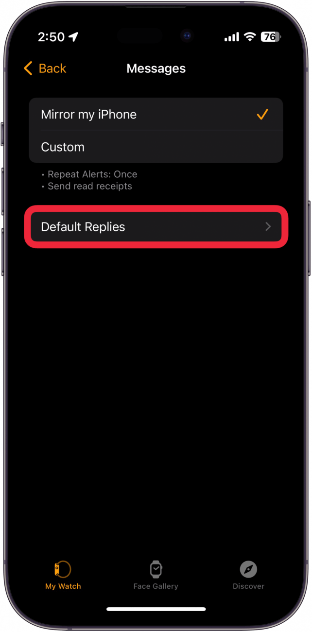 iphone watch app messages settings with a red box aorund default replies