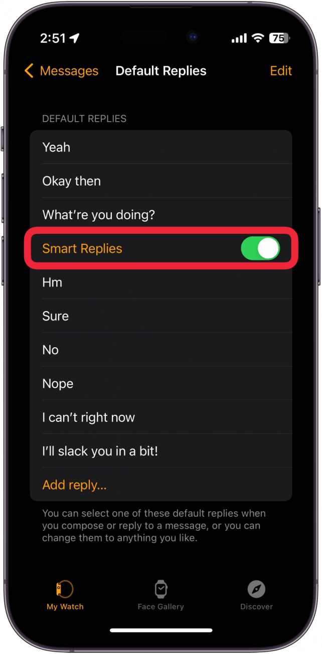 iphone watch app messages default reply settings with a red box around smart replies toggle