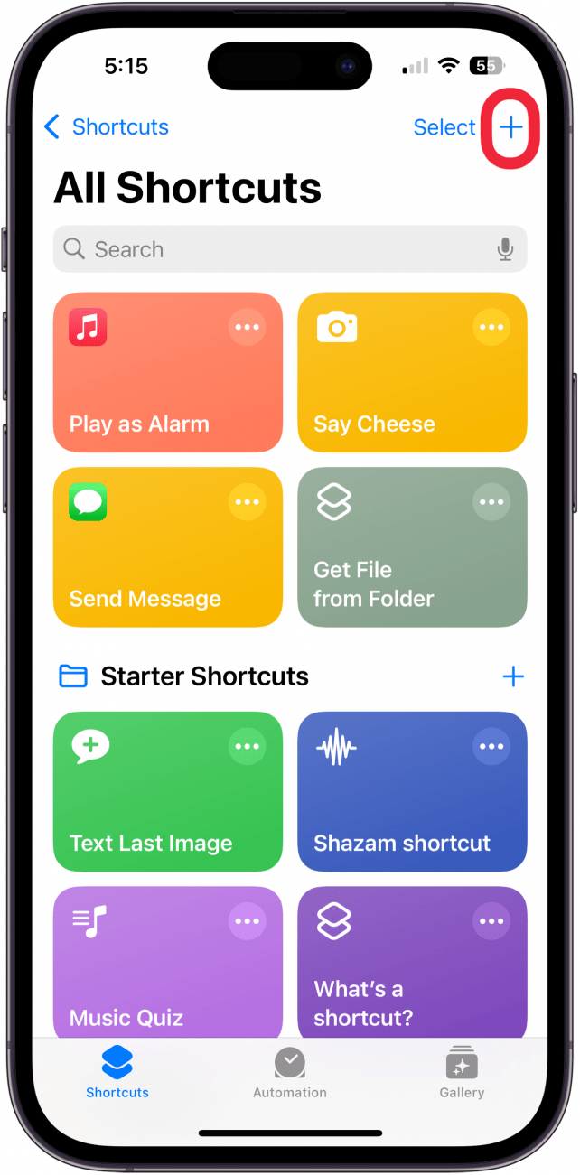 Create a Combine Photos shortcut by tapping the plus icon.