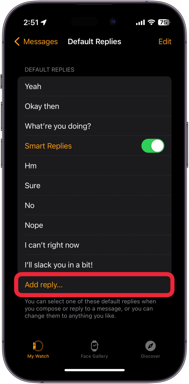 iphone watch app messages default reply settings with a red box around add reply button