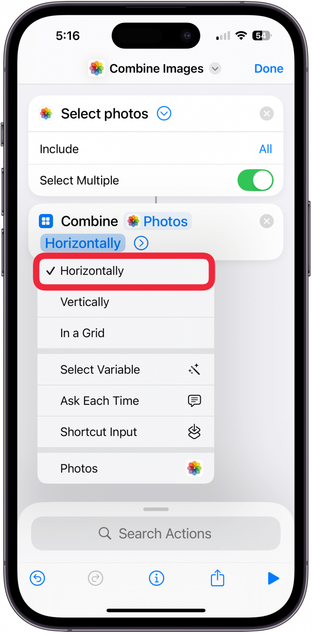 Select Horizontally to create a side-by-side photo on your iPhone.