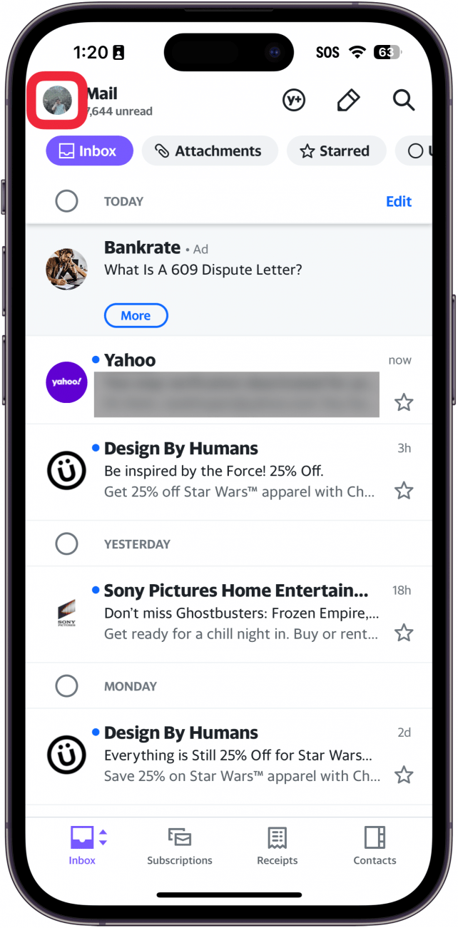iphone yahoo mail app with a red box around profile icon