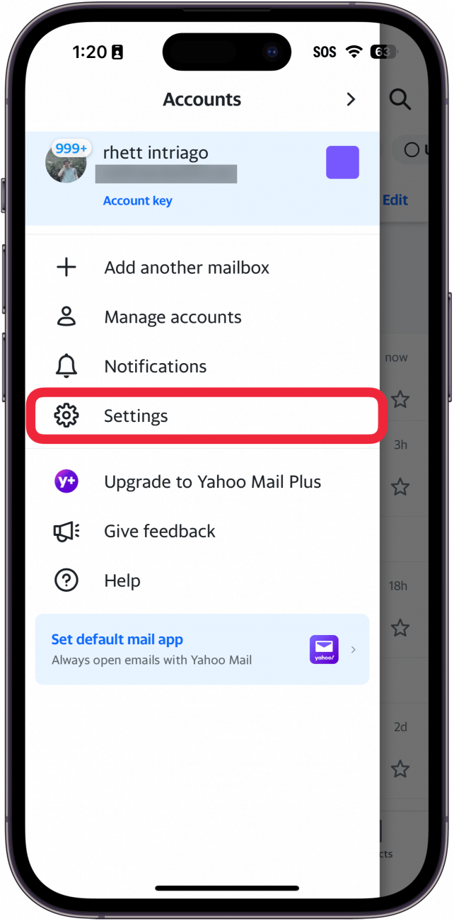 iphone yahoo mail app with a red box around settings button