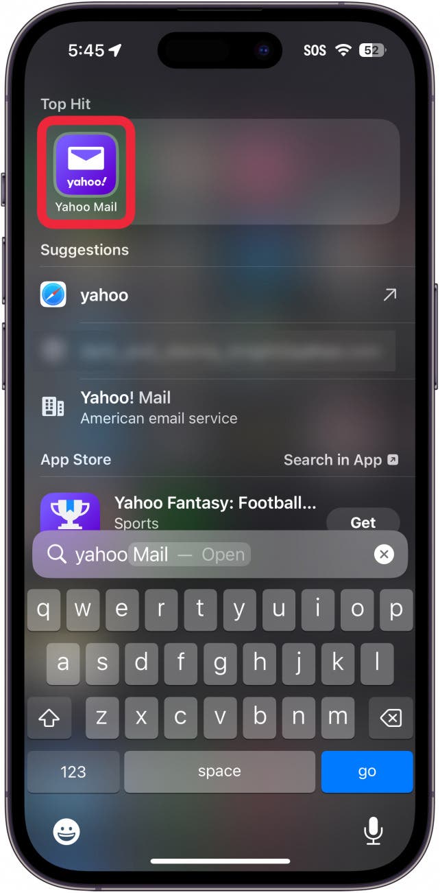 iphone spotlight search with a red box around yahoo mail app