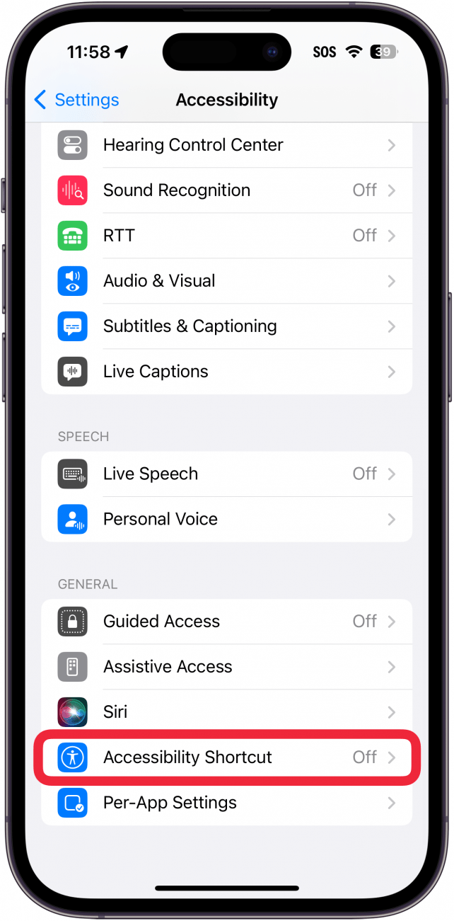 iphone accessibility settings with a red box around accessibility shortcut