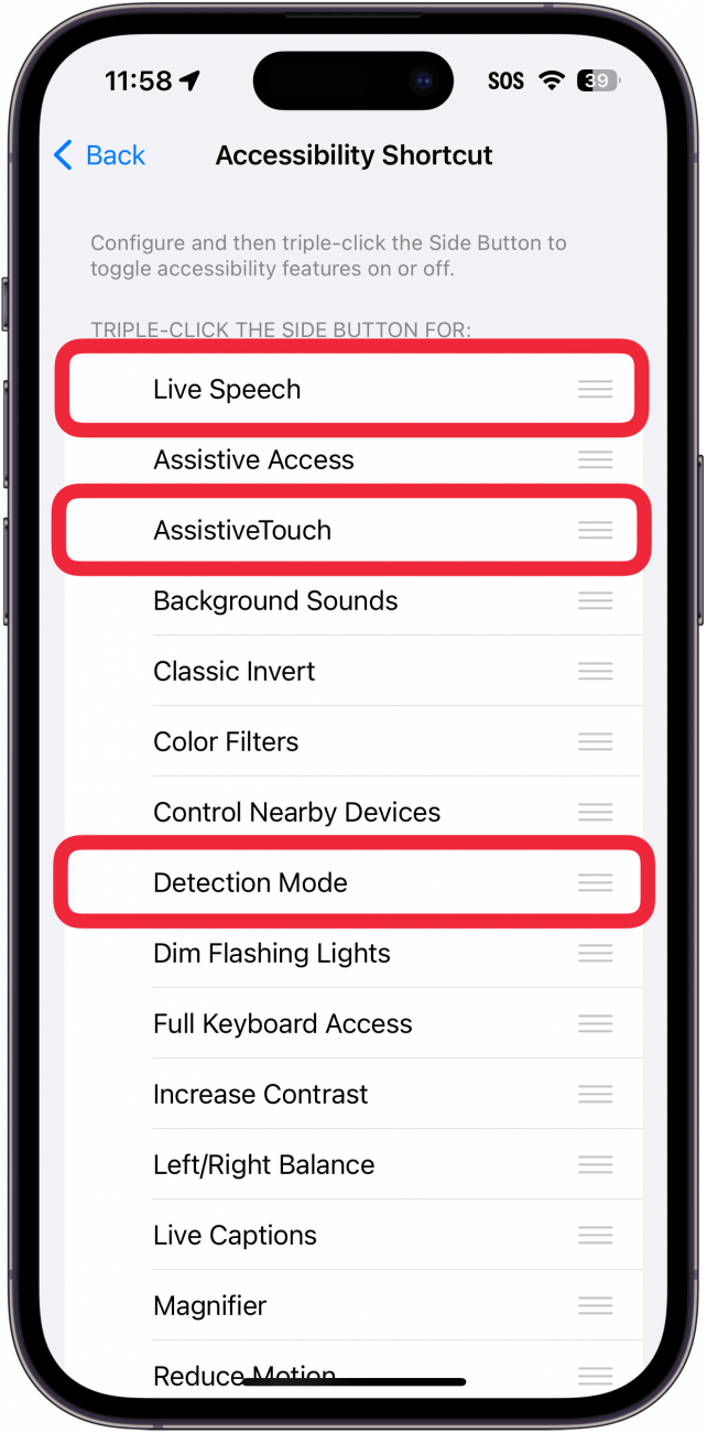 iphone accessibility shortcut settings with red boxes around live speech, assistive touch, and detection mode