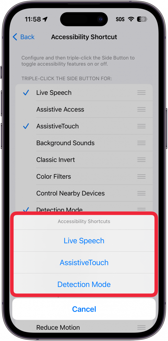 iphone settings displaying accessibility shortcut menu after the user has triple clicked the side button, with a red box around the menu options for live speech, assistive touch, and detection mode